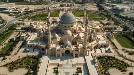 Naklejka premium Aerial View of Grand Mosque with Dome, Minarets, and Intricate Courtyards