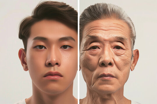 Split portrait of young and elderly Asian male faces, highlighting aging concept