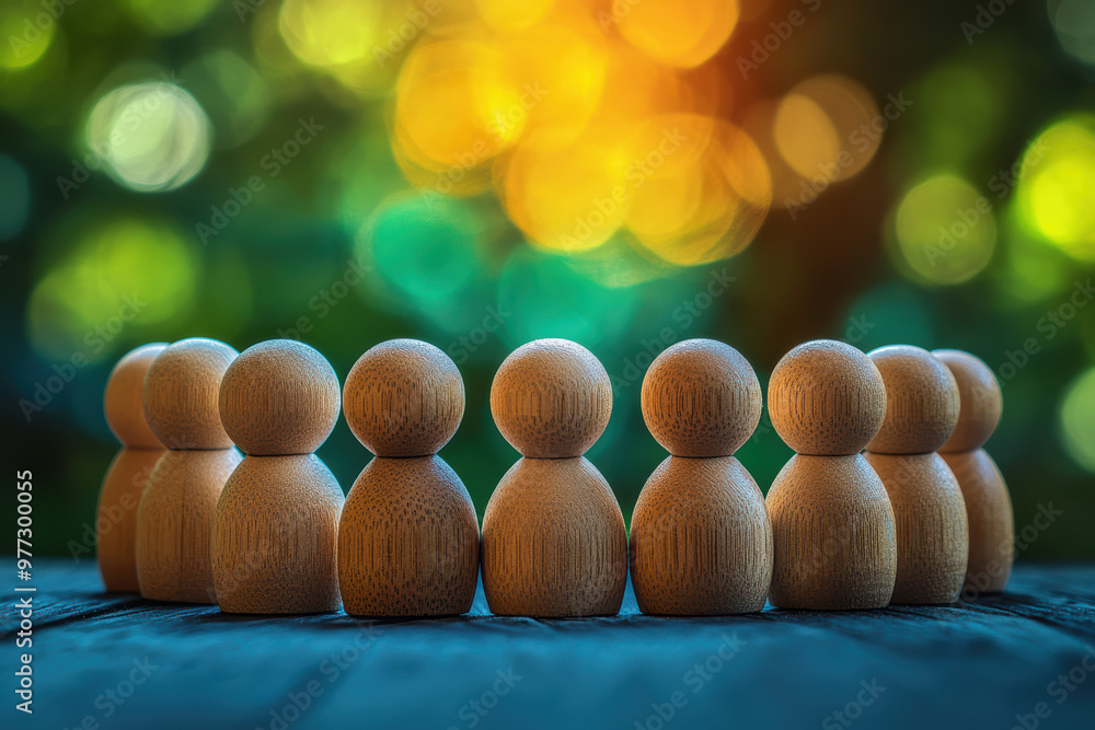 Poster abstract wooden figures in a circle symbolize community and unity against a vibrant bokeh background
