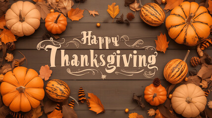 Thanksgiving background decoration from dry leaves, red berries and pumpkin on wooden background