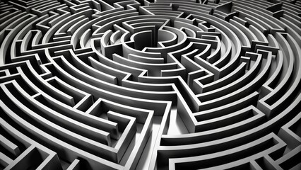 A black and white 3D maze with intricate pathways and complex design, symbolizing challenges and solutions.