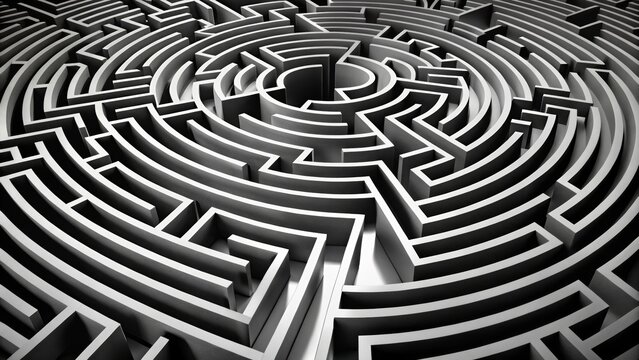 A black and white 3D maze with intricate pathways and complex design, symbolizing challenges and solutions.