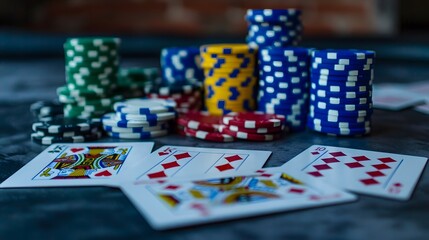 Fototapeta premium Winning Hand in Poker: A winning poker hand laid out on the table, surrounded by chips and cards. 
