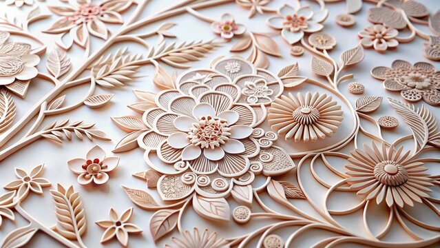 Ornate floral wood carving with intricate details, showcasing beautiful handmade craftsmanship and delicate designs in 3D effect.