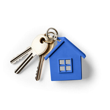 House keys with blue keychain in the shape of a little house as a concept for real estate, buying or renting houses, with transparent background and shadow