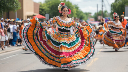 Woman in colorful traditional dress dancing at a latin american street festival