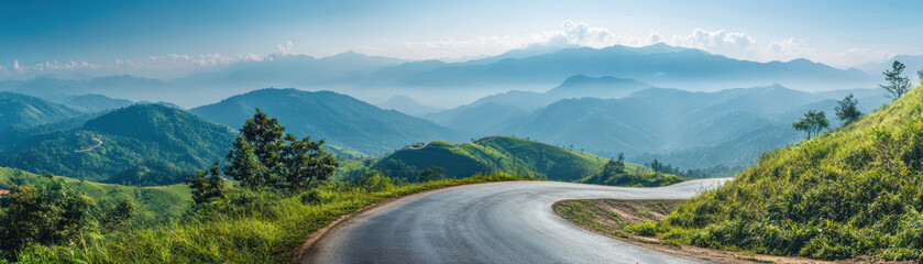 Naklejka premium Serene panoramic view of a winding road through lush green hills with misty mountains in the background under a clear blue sky. Nature at its best.