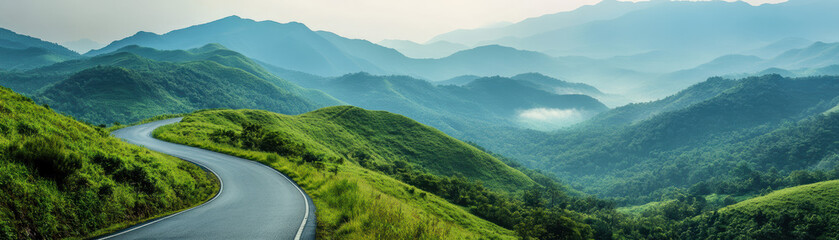 Fototapeta premium Serene mountain landscape with a winding road amidst lush green hills and misty blue mountains in the background under a clear sky.