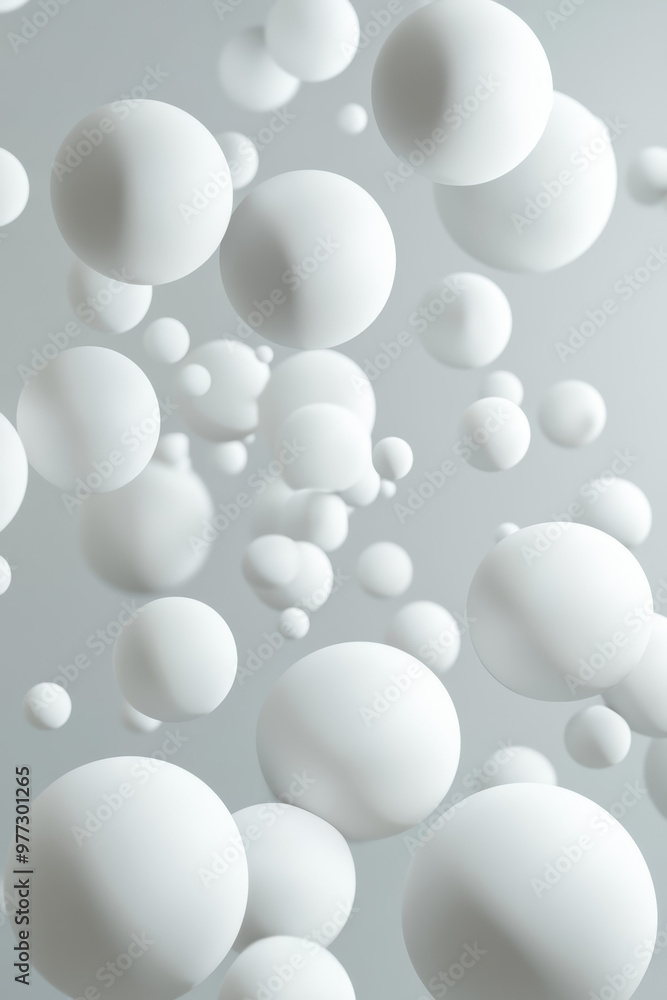 Poster abstract white spheres of varying sizes float in a soft gradient background. the minimalist scene cr