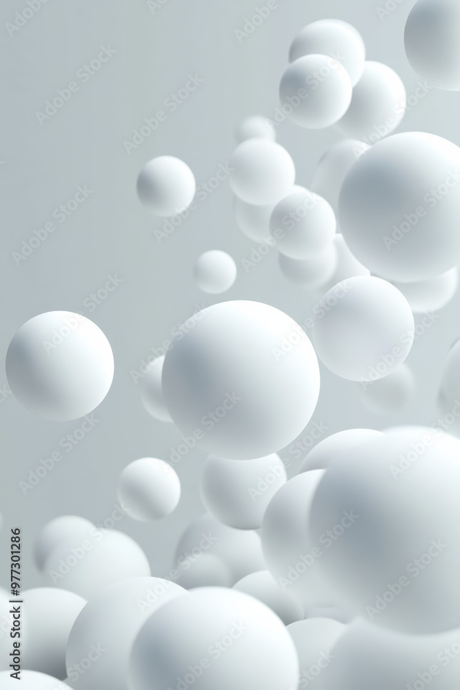 Poster white spheres floating against a light grey background, creating a modern and abstract visual effect