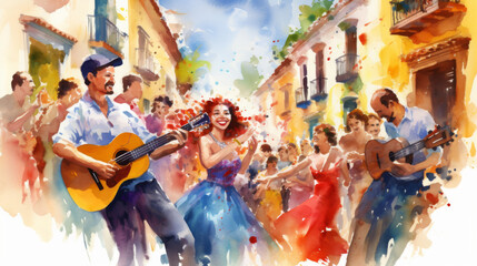 Colorful street latin american celebration with happy people dancing and playing musical instruments