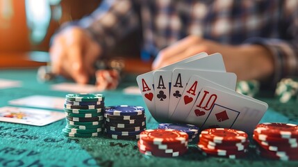 Winning Hand in Poker: A winning poker hand laid out on the table, surrounded by chips and cards. 
