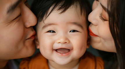 Baby's First Kiss: A sweet and heartwarming image of a baby surrounded by the love of their parents, capturing the innocence and joy of family life. This photo is perfect for celebrating new beginning