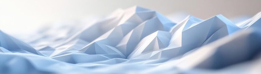 Abstract geometric mountain landscape with low-poly design in subtle blue tones, creating a serene and modern aesthetic. Ideal for backgrounds.