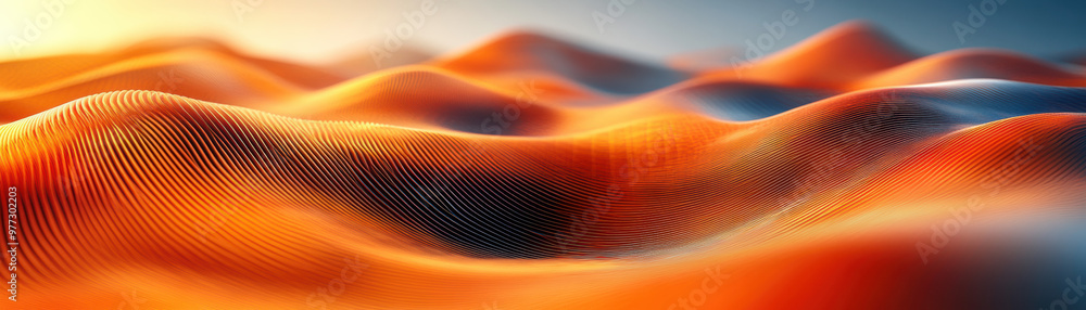 Poster abstract digital landscape with dynamic orange and blue waves, showcasing smooth gradients and rhyth