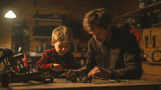 A father and young son working together to repair a bike, surrounded by garage tools - Powered by Adobe