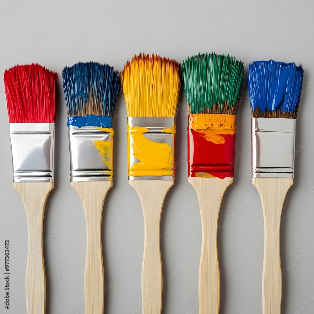 Poster 40. a set of colorful paintbrushes isolated on a soft gray background