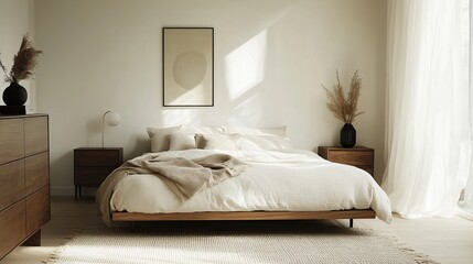 A serene bedroom with a minimalist design featuring natural elements and soft lighting.