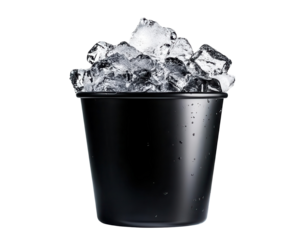 A sleek black bucket filled with crystal-clear ice cubes, with transparent background