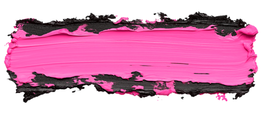 Isolated pink brush stroke rough black edges. Hand-painted pink stripe with grunge black.

