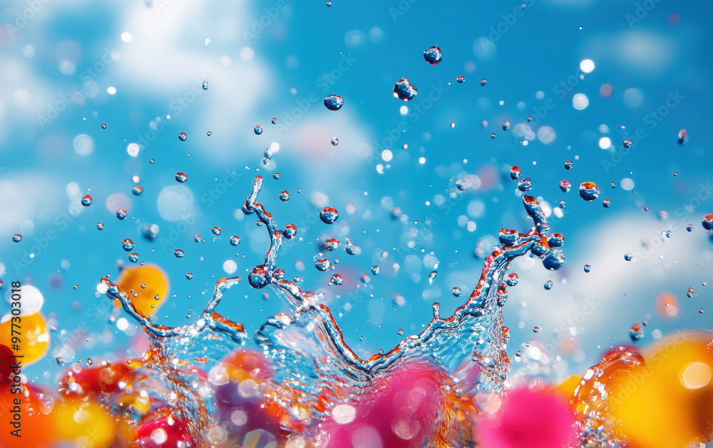 Poster vibrant water splash with colorful pebbles against blue sky, capturing dynamic motion and refreshing