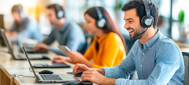 Friendly customer service agent in busy call center handling client support with headset and laptop. Smiling male call center agent providing excellent customer assistance in tech support office.