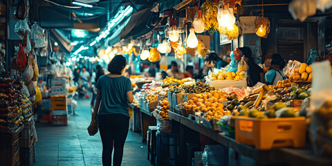 Naklejka premium A woman walks through a bustling night market in Southeast Asia. The stands are overflowing with fresh fruits and vegetables,