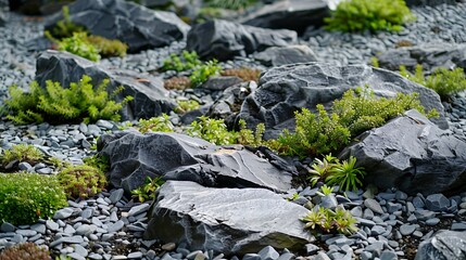 Fototapeta premium Textural features with few greenery such as gravel granite and minerals