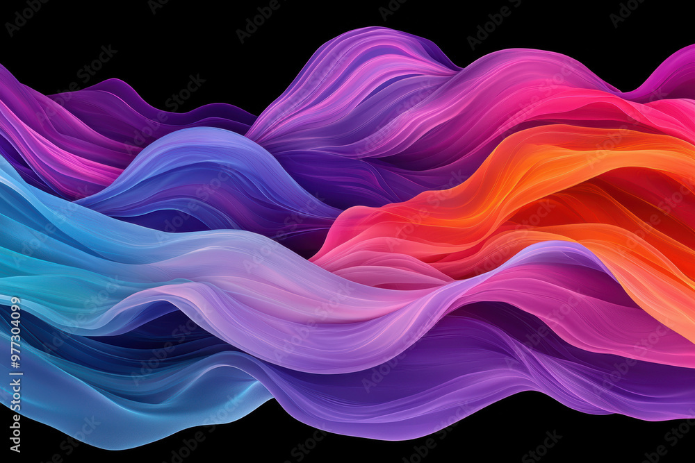 Poster abstract digital artwork featuring vibrant, flowing waves of color against a black background, creat