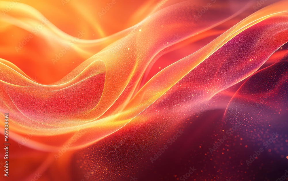 Poster vibrant abstract digital art with flowing orange and red waves, glittery particles creating a sense 