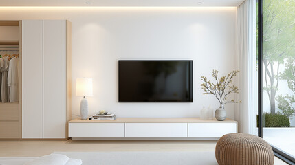 bedroom tv on wall with built in tv console white color closet.