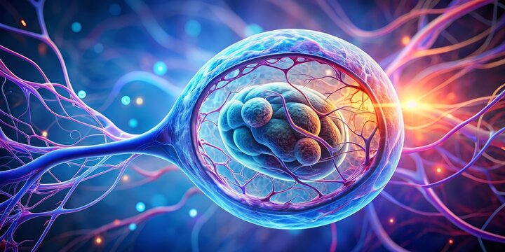 Illustration of an embryo's neural tube formation during the third week of gestation with a gradient background of blues and purples to represent the intricate and complex process of neurodevelopment