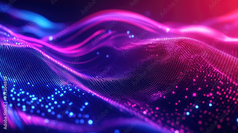 Poster pulsating neon lines stretching and bending, creating an abstract digital wave.