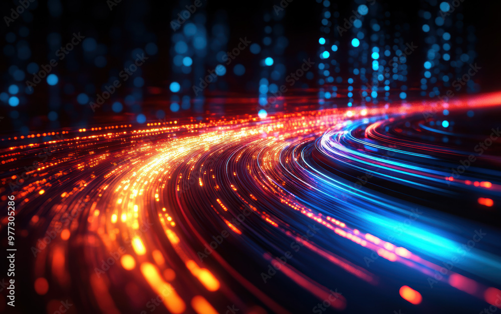 Poster abstract light trails creating a dynamic and futuristic flowing pattern in vibrant shades of blue an