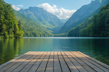 Idyllic wooden pier overlooking crystal clear mountain lake surrounded by lush green forest, under a blue sky with fluffy clouds on a sunny day.