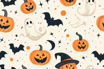 Happy halloween party seamless pattern background with cute ghost, spooky pumpkin and fancy hat.