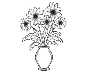 Coloring book worksheet for kids bouquet of flowers in vase 