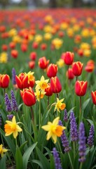Obraz premium A mixture of red tulips and yellow daffodils fills a lush green garden, showcasing spring's beauty