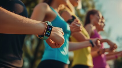 Group of women checking fitness trackers during an outdoor workout session in a park on a sunny day