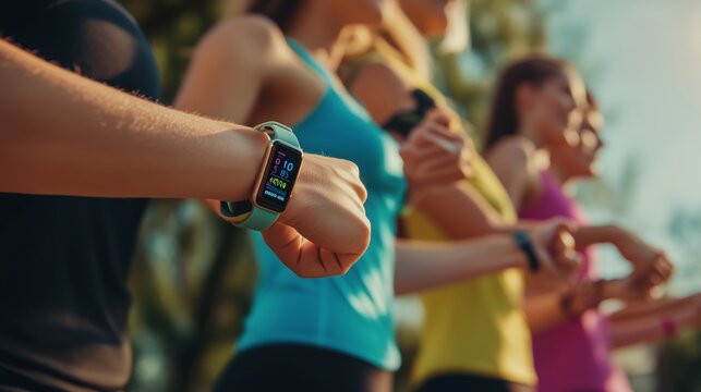 Group of women checking fitness trackers during an outdoor workout session in a park on a sunny day