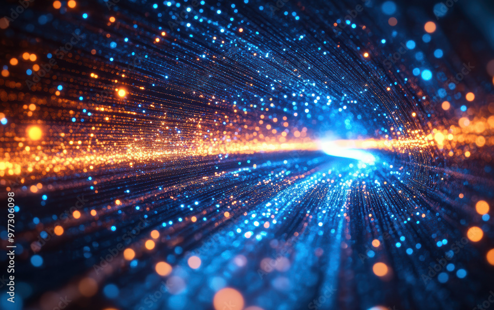 Poster abstract digital tunnel with vibrant blue and orange lights. futuristic technology and data concept.