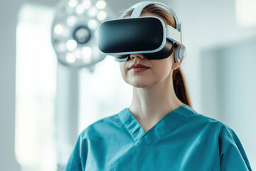 Female doctor utilizing virtual reality headset in a modern medical environment, exploring innovative healthcare solutions through technology.