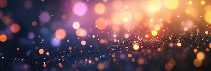 Obraz premium Magical glittering bokeh lights create a dreamy atmosphere, blending warm golden hues with soft purples against a dark background, evoking wonder and celebration.