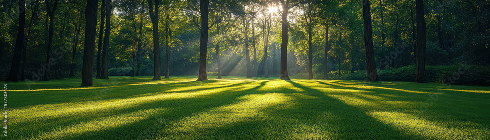 Poster serene forest scene with sun rays filtering through the trees, casting shadows on lush green grass. 
