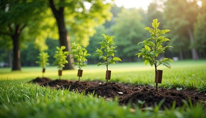 Newly planted saplings stand in neat rows on rich soil under the warm sun, symbolizing growth