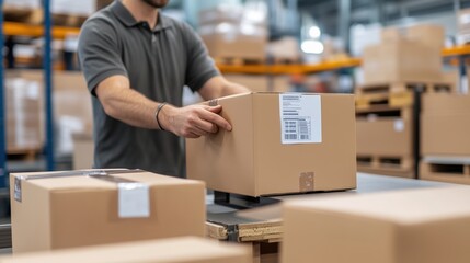 A person moving a box in a warehouse setting, symbolizing logistics, shipping, and the efficiency of warehouse operations. Great for content related to e-commerce, storage, and logistics.