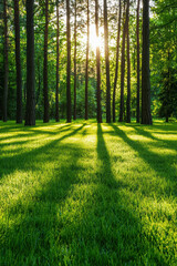 Fototapeta premium Sunlight filters through tall trees in a tranquil forest, casting long shadows on the lush green grass and creating a serene natural landscape.