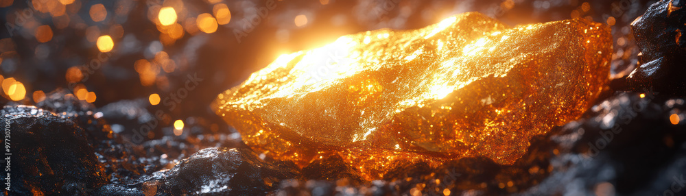 Poster shiny gold nugget on a dark surface, illuminated with warm light creating sparkles. captures the all