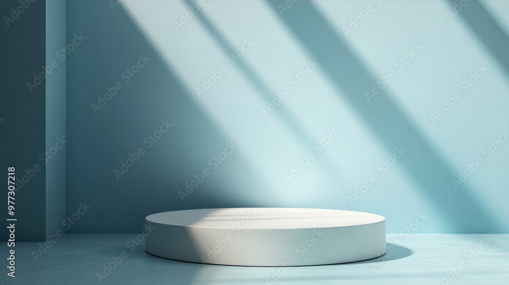 Poster minimalistic empty display podium with soft sunlight and shadows on a pastel blue background, perfec