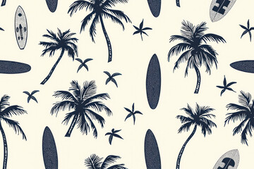Seamless pattern silhouettes of palm trees and slippers and surfboards spread all around.